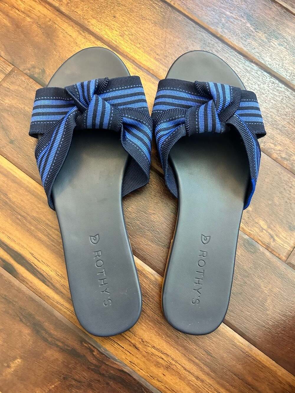 Rothy's The Knot Stripe Navy and Blue Slide Sandals EUC casual nautical eco